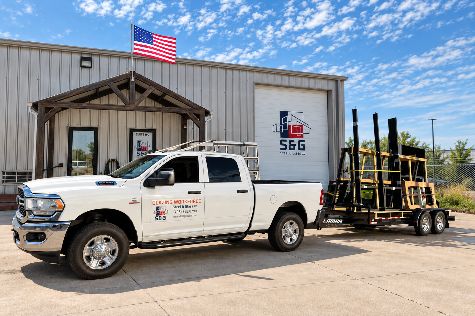 Digital composite of the S&G truck and loaded trailer in front of the S&G facility
